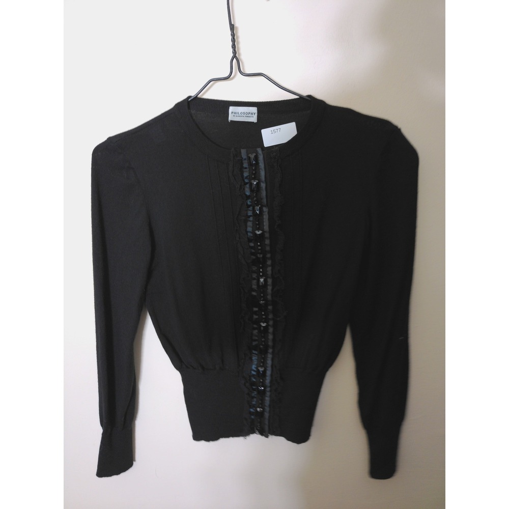 Philosophy di Alberta Ferretti Cardigan Women S Black Beaded Ruffle Cropped Goth